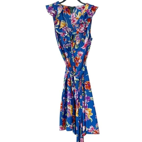 Lauren Ralph Lauren Women's Silk Ruffle Collar Floral Button Front Dress Blue 14 - Picture 1 of 8